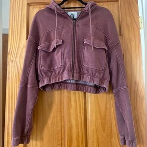 Urban Outfitters Cropped Zip Hoodie M Mauve Washed Fleece Utility Pocket